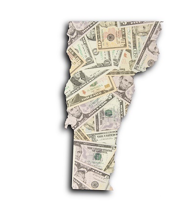 Image of dollars cropped in the shape of the State of Vermont
